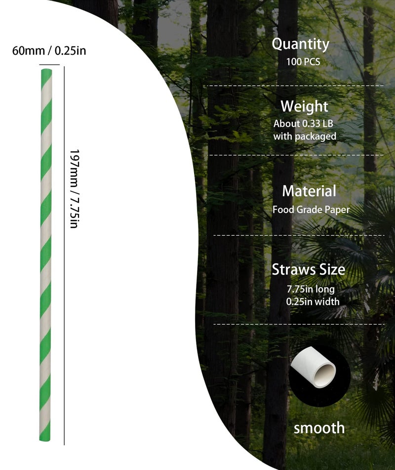 BOFA Eco Tableware Environment Green White Paper Drinking Straws Bulk 100, Disposable Green Striped Straws with Kraft Box Packing Coktail Straw for Holiday Use Juice Patener - Image 2